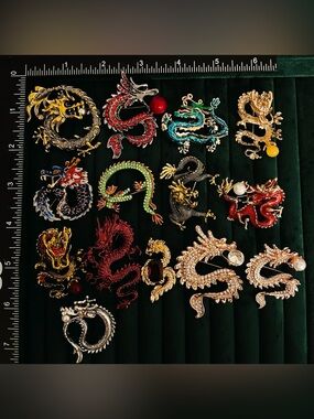 14 Pieces Dragon Brooch Pins Enamel Gold Tone Mythical Creature